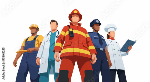 Firefighter, Construction, Doctor, Police, Chef Stand Together on White Background