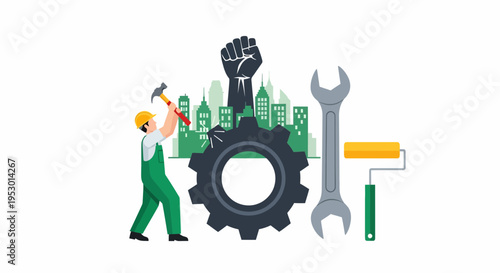 Worker with Tools in a Cityscape Gear-Focused Construction Maintenance Graphic