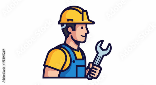 Labor Worker Facing Right in White Background Holding Large Wrench with Yellow Hardhat – Cartoon Icon for Construction Company