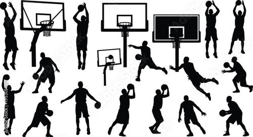 Black silhouettes of basketball players in dynamic poses including dribbling, shooting, dunking, and passing with hoops and nets, perfect for sports design, animation, and creative artwork projects.