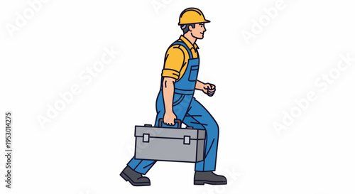Cartoon worker walking with toolbox, wearing hardhat and overalls, stepping forward in a clean illustration from a right-side viewpoint