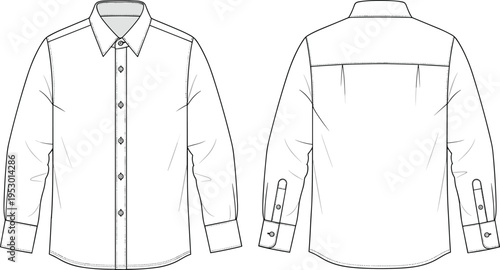 Mens Long Sleeve Dress Shirt Technical Fashion Flat Sketch Vector Illustration with Button Down Collar Front and Back View CAD Drawing