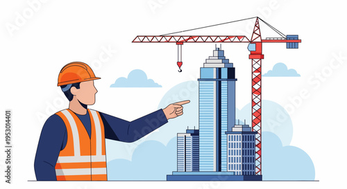 Labor Worker Points to Cityscape from Construction Site – Cartoon Illustration of Worker, Crane, Helmet, Skyline