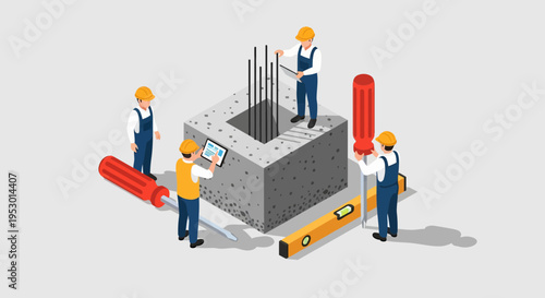 Labor and workers build a concrete foundation with hard hats, rebar rods, and tools on site