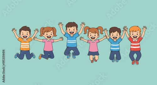 Vector illustration of a diverse group of six happy children, including four boys and two girls, jumping in the air with hands raised, smiling joyfully on a plain light blue background.