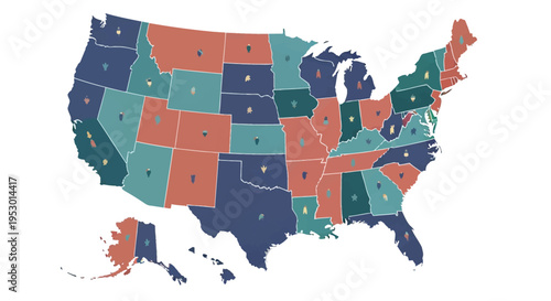 Flat vector illustration of a United States of America map with state borders and individual state icons in a muted color palette including Alaska and Hawaii on a white background.