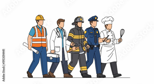 Five Diverse Professionals Showcase Their Roles in a White Studio with Tools and Uniforms