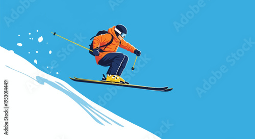 Vector illustration of a male skier in an orange jacket and navy pants jumping off a snowy mountain ridge with ski poles and a backpack against a clear blue sky background.