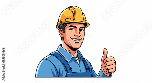 Smiling construction worker gives thumbs‑up in cartoon illustration of a yellow hard‑hat on a white backdrop, showcasing labor spirit