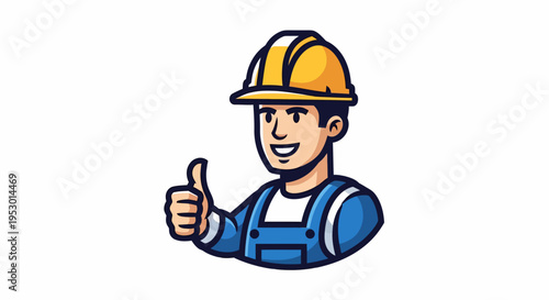 Construction Worker With Hardhat Smiles, Thumb-Up in Cartoon-Style Illustration, Chest-Up, White Background