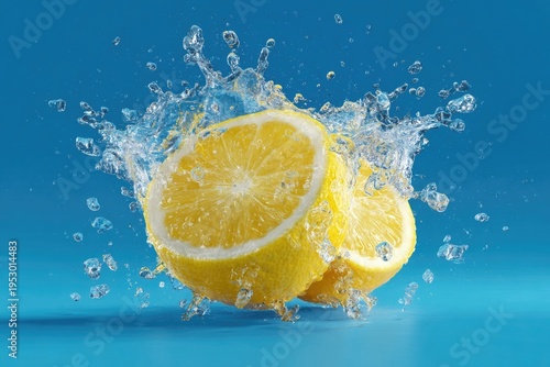 Lemon halves with water splash on blue background, fresh citrus macro, vibrant food concept
