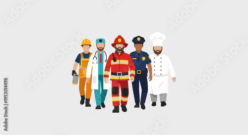 Five Diverse Workers Standing in Line in a Plain Background - Digital Illustration of Labor in Neutral Setting