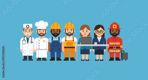 Diverse Professionals – Doctors, Chefs, Construction, Laptop Experts, Firefighters, and Diversity in a Bright Blue Setting