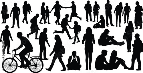 Black silhouettes of people in everyday activities including walking, standing, cycling, running, and interacting, perfect for design, education, social studies, posture studies, and creative 