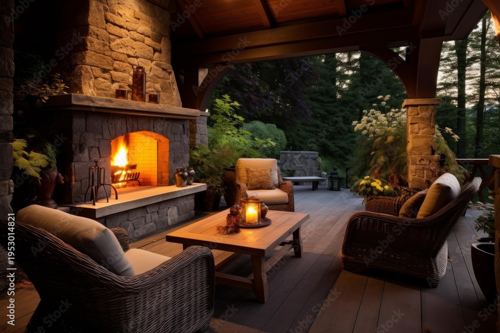 Obraz premium Outdoor living space featuring a glowing fireplace, wicker chairs, and a coffee table at dusk