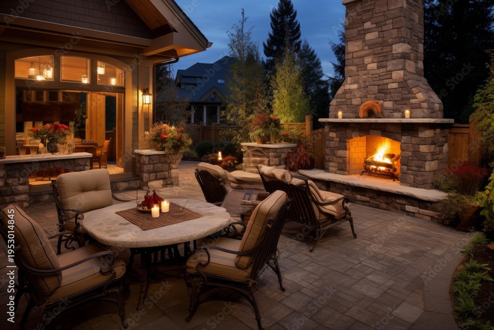 Fototapeta premium Backyard patio providing cozy ambiance with illuminating lights and furniture