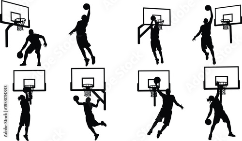 Eight black silhouettes of basketball players in dynamic poses including dribbling, shooting, dunking, and jumping near hoops, perfect for sports design, animation, and creative artwork projects.