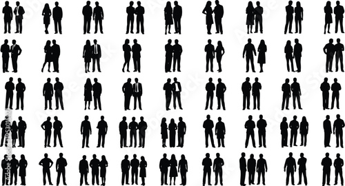Forty‑nine pairs of black human silhouettes in diverse stances and postures, arranged in grid format, perfect for design, animation, social studies, and creative artwork projects.