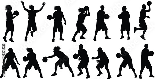 Fourteen black silhouettes of basketball players in dynamic poses including dribbling, shooting, passing, and defending, arranged in rows, perfect for sports design, animation, and creative artwork 