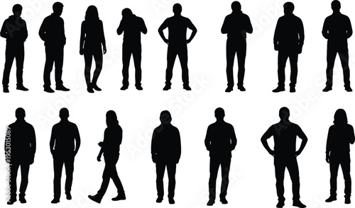 Fourteen human silhouettes in standing poses with varied stances and gestures, arranged in rows, perfect for diversity, posture studies, design references, and creative artwork projects.