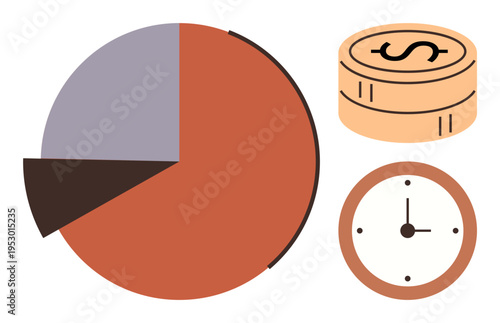 Financial planning, time management, budgeting, investment strategy, business economics, resource allocation. Pie chart, coin stack and clock visuals. Financial planning and time management concept