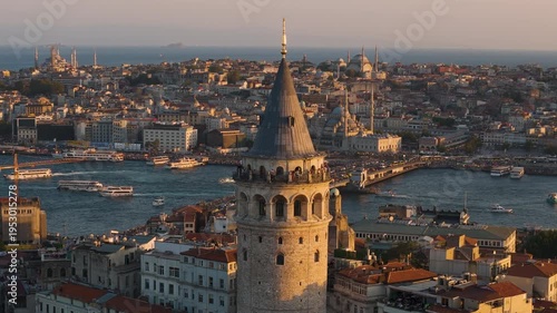 Wallpaper Mural Cinematic aerial shot of Galata Tower at sunset in Istanbul, Turkey Torontodigital.ca