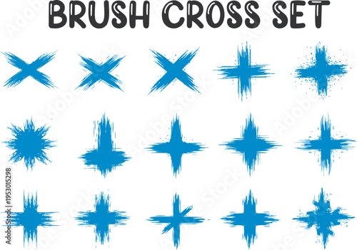 Blue brush cross symbols set on a white background