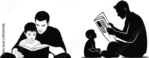 Father and children reading books together in a quiet moment