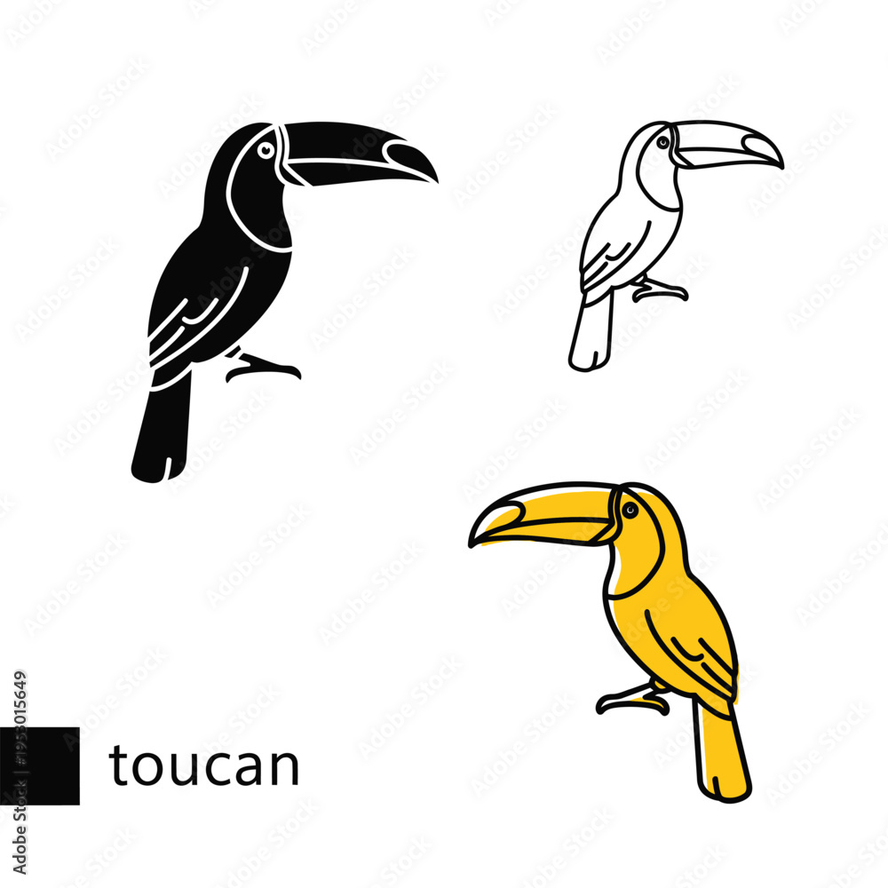 Fototapeta premium Set of toucan in black, outline, and yellow design on a transparent background