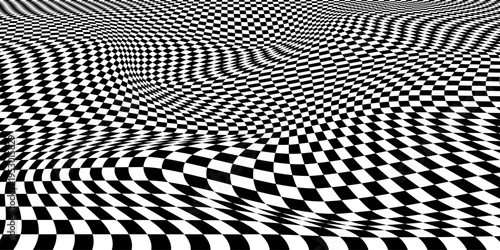 Black and white checkerboard floor fading in perspective. Vanishing checkered tile pattern background. Vector vintage empty room stage checker floor. Retro horizontal chess board grid plane surface