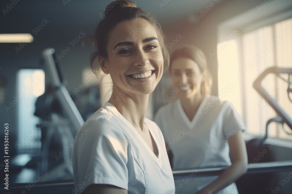 Fototapeta premium A woman with a smile on her face standing in a gym. Ideal for fitness and wellness-related content