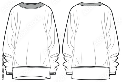 Women's oversize sweater design flat sketch Illustration, Longe sleeve baggy t shirt with front and back view cad drawing template