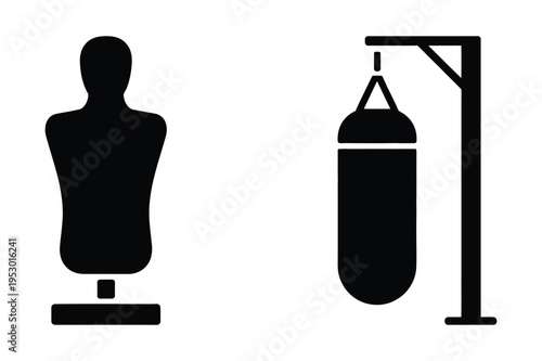Boxing dummy and punching bag silhouette icons with martial arts