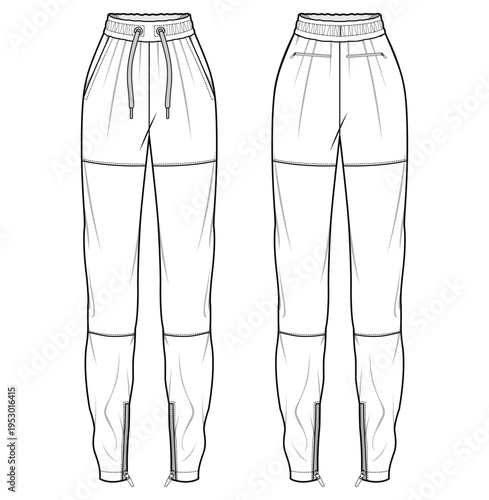 Women's Jogger bottom front and back view flat sketch fashion illustration, Knitted track pants vector template, Sweatpants design cad drawing