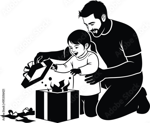 A man and a child opening a gift box together on the floor