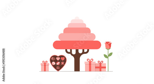 Pink cake tree with gifts.