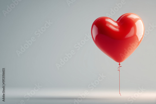 Glossy Red Heart Shaped Balloon Floating on Minimal Background
