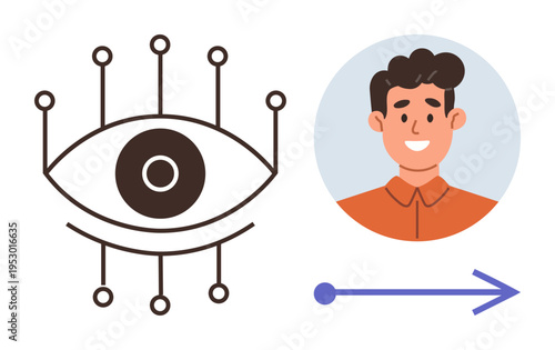 Identity verification, biometrics, face recognition, secure access, cybersecurity, personal authentication. Stylized eye with digital nodes, person profile rightward arrow. Biometrics and identity
