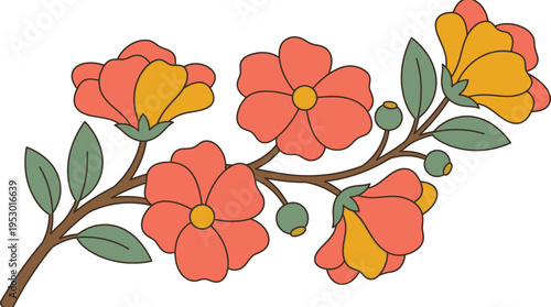 Colorful flowers on a branch.