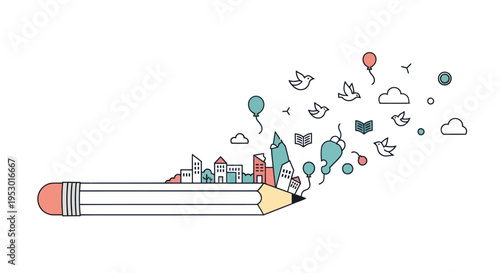 Colorful pencil with creative cityscape emerging.