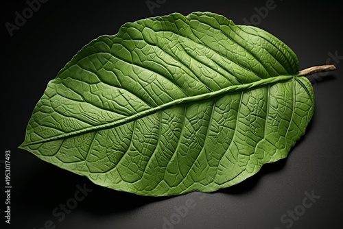 Close up of a green leaf revealing intricate textures and prominent veins on a dark background