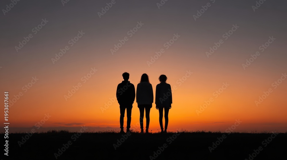 Fototapeta premium Three silhouetted people standing side by side on ground against vivid orange red sunset horizon