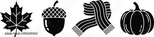 Autumn symbols: maple leaf, acorn, scarf, and pumpkin icons