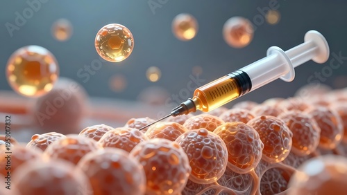 Medical Syringe Injecting into Human Cells 3D Render, Biotechnology and Healthcare Science Concept