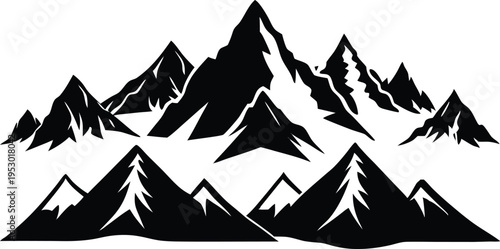 A collection of stylized black mountain range silhouettes isolated on a clean white background representing nature and adventure