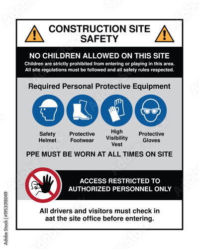 Construction Site Safety Sign with PPE Requirements No Children Allowed and Authorized Personnel Only Access Notice