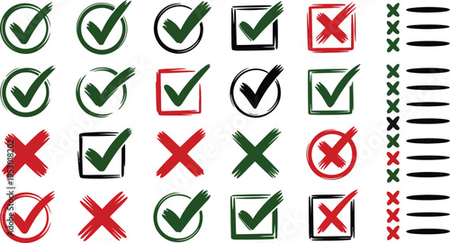 Collection of handdrawn checkmarks and crosses icons in various shapes isolated on a white background