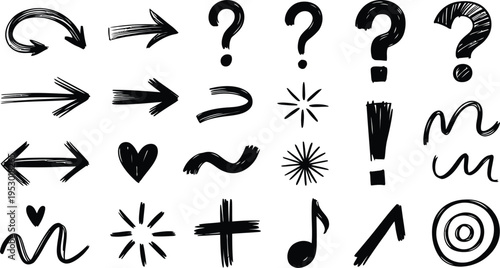 A collection of handdrawn black sketchy graphic elements including arrows question marks exclamation point heart and musical notes isolated on white