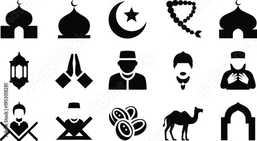 Collection of Islamic cultural symbols including mosques prayer beads crescent moon lanterns and people praying