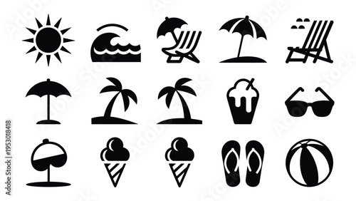 Collection of black summer vacation icons including sun wave palm trees umbrella beach chair and ice cream on transparent background